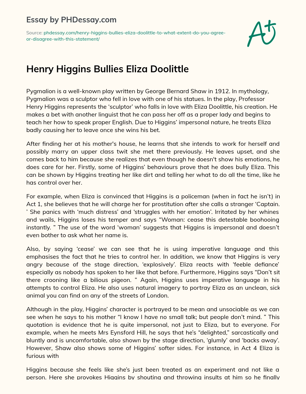 Henry Higgins Bullies Eliza Doolittle essay