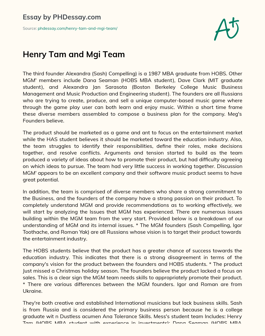 Henry Tam and Mgi Team essay