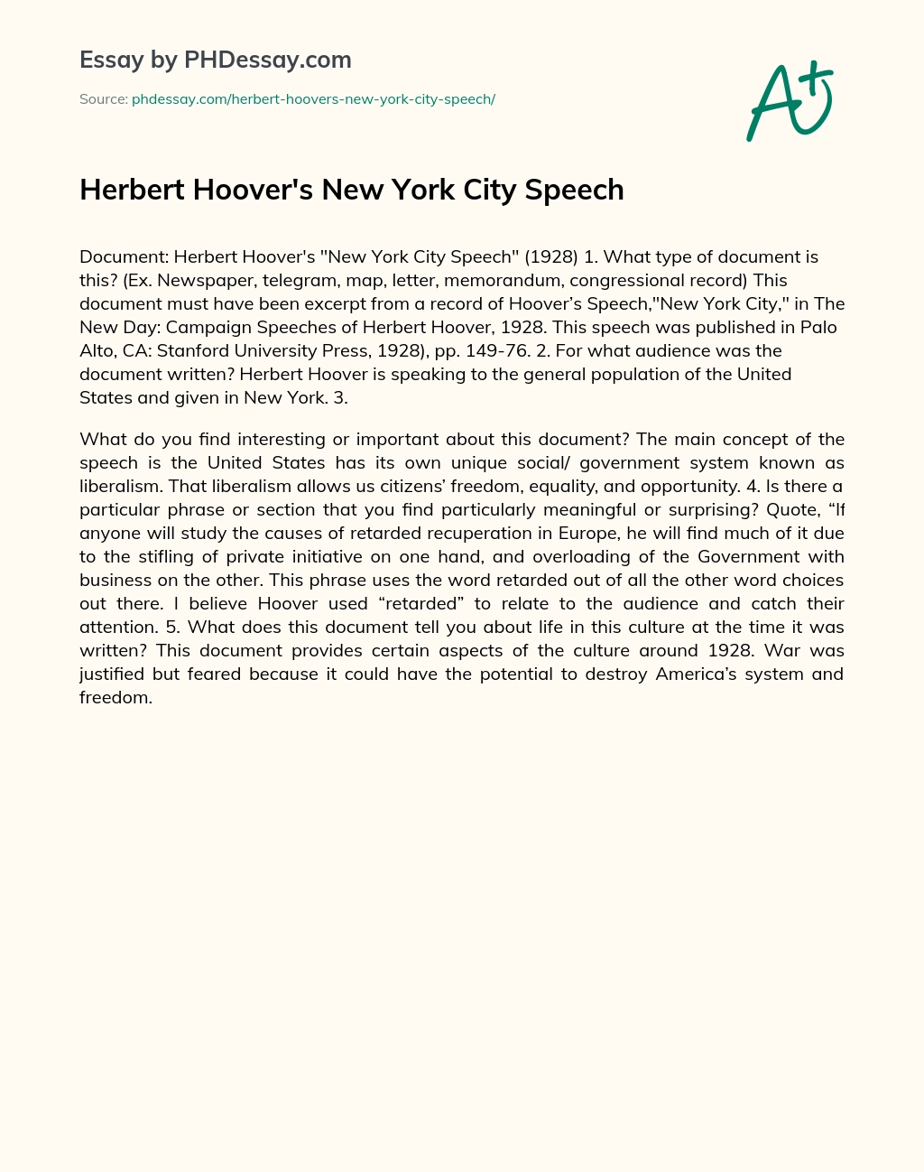 Herbert Hoover’s New York City Speech essay