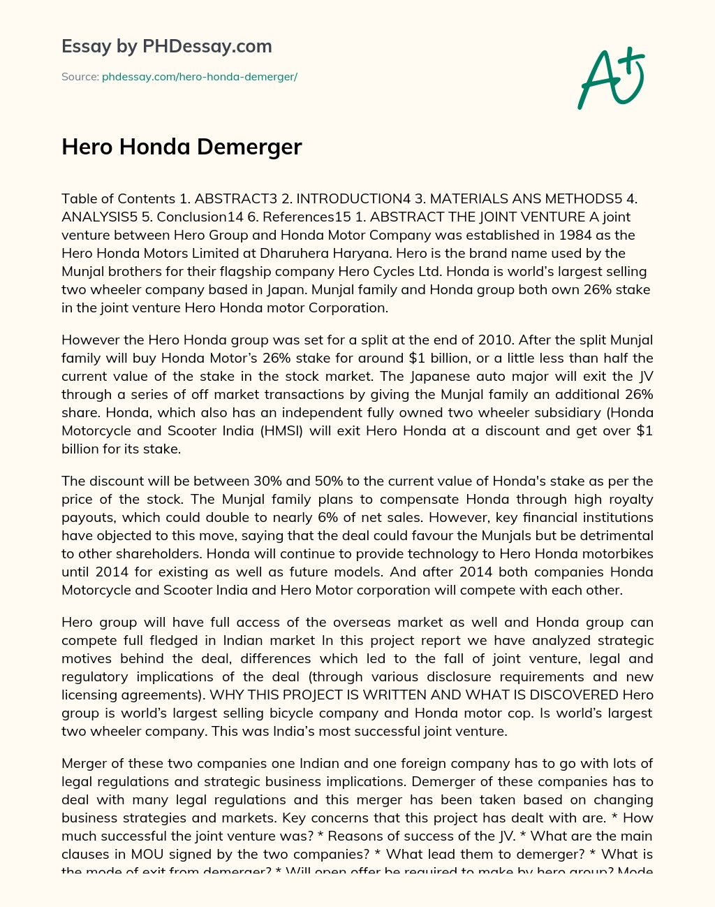 Hero Honda Demerger essay