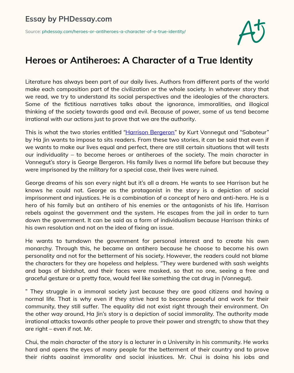 Heroes or Antiheroes: A Character of a True Identity essay