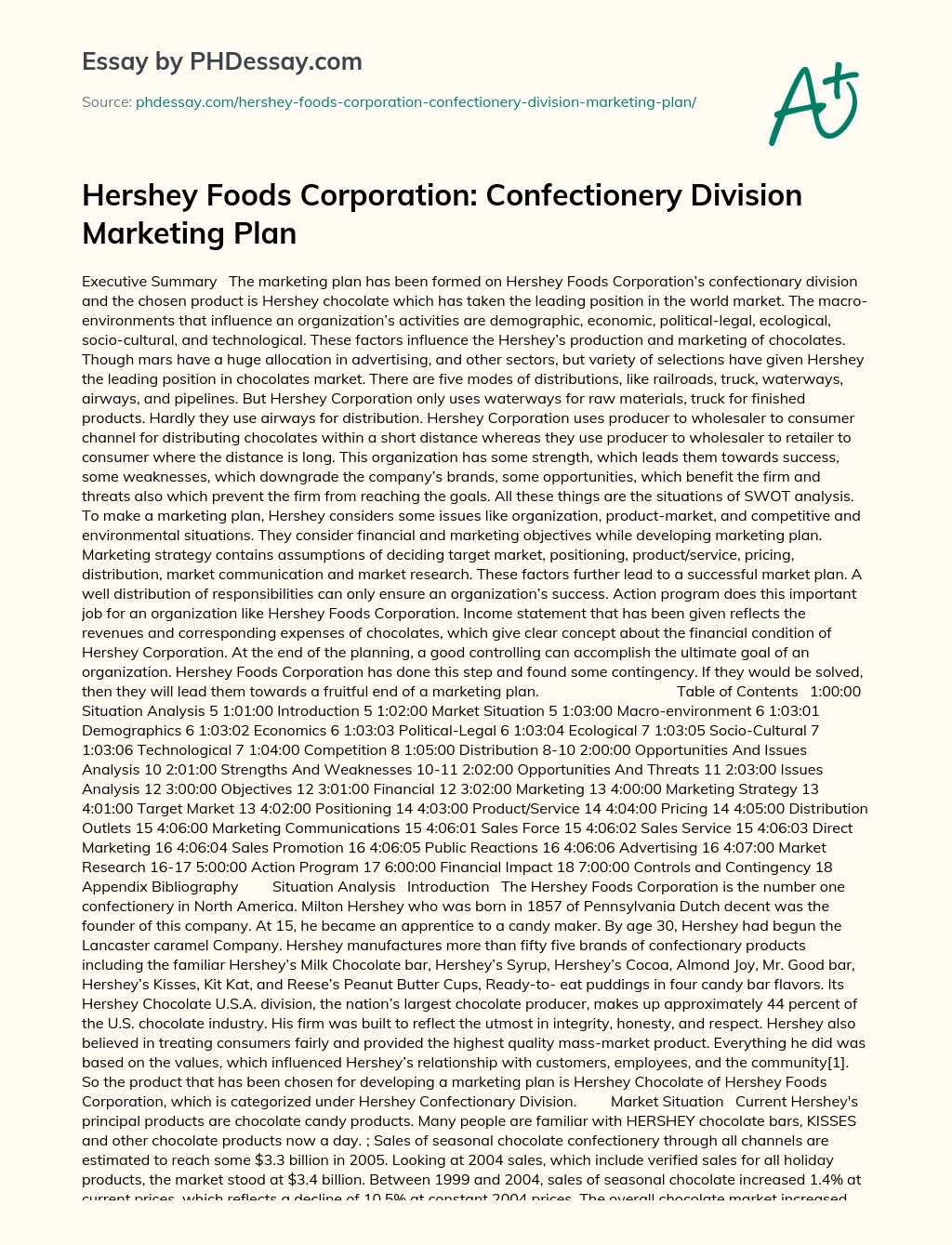 Hershey Foods Corporation: Confectionery Division Marketing Plan essay