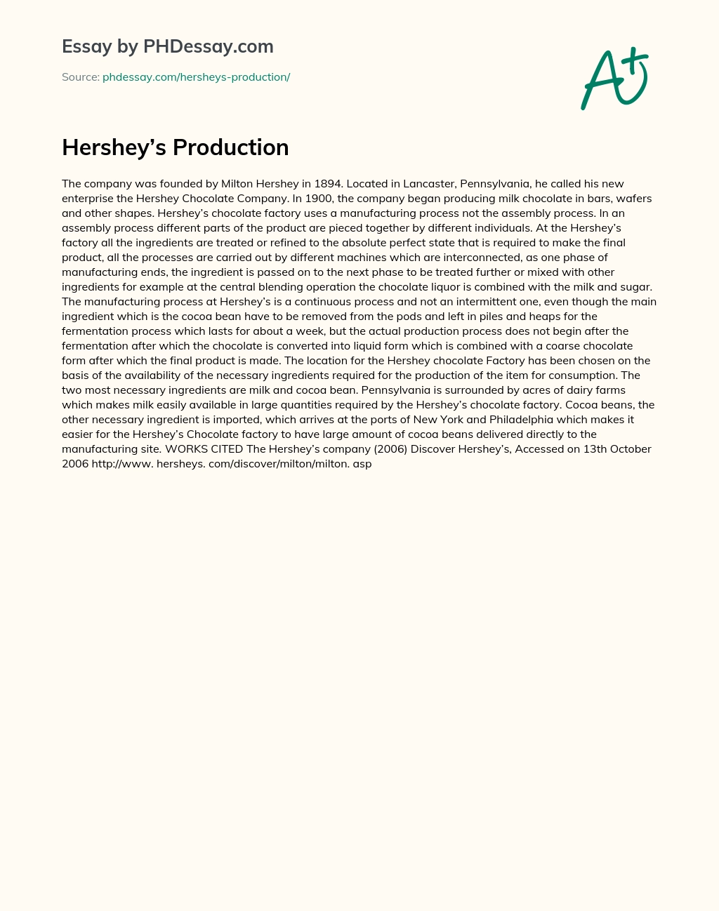 Hershey’s Production essay
