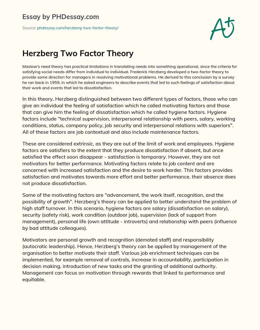 Herzberg Two Factor Theory essay