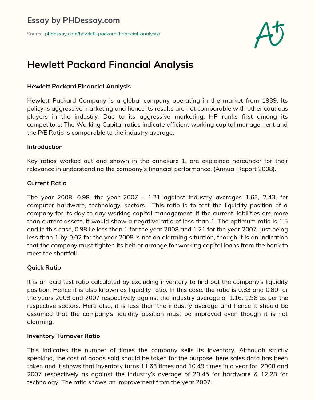 Hewlett Packard Financial Analysis essay