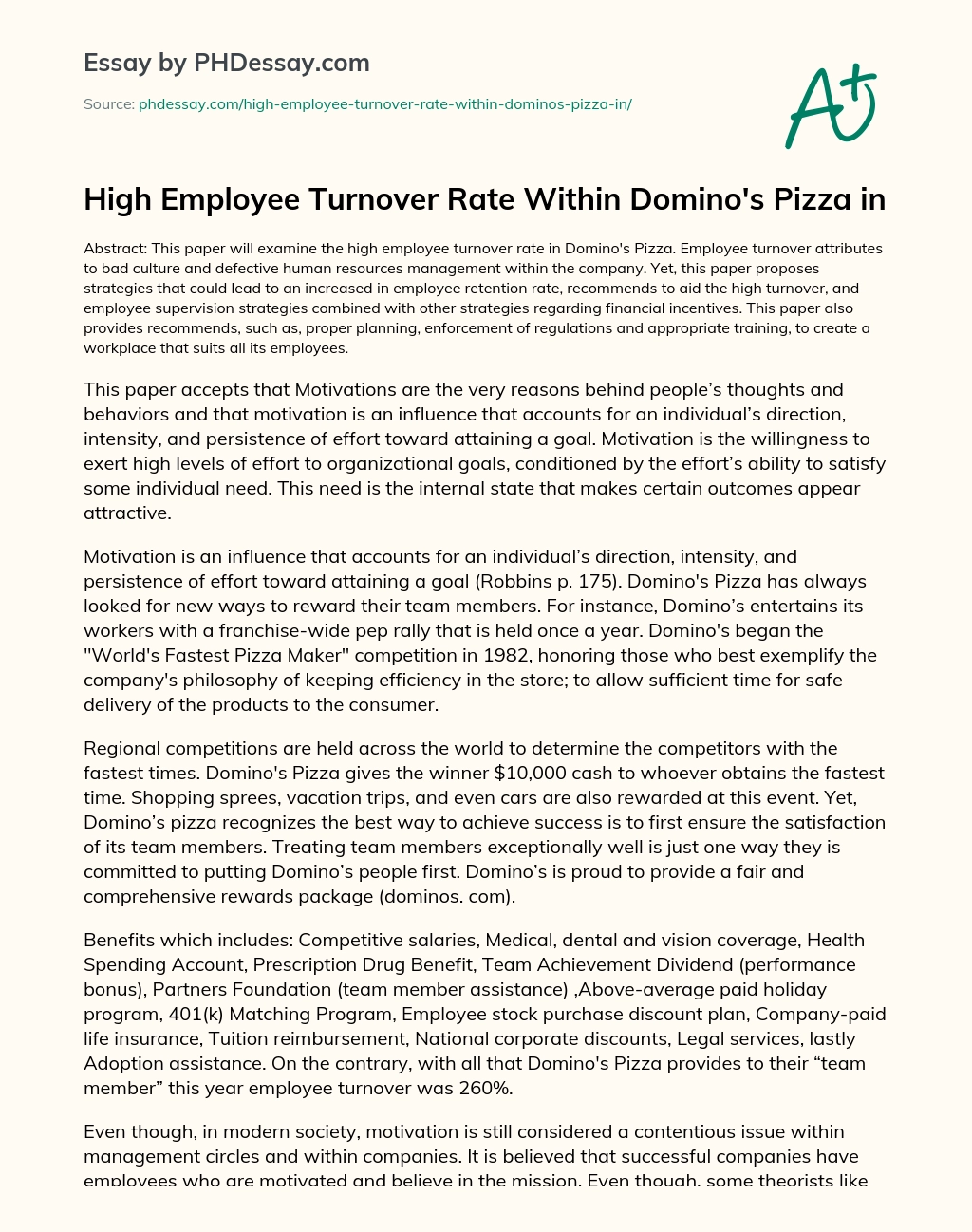 High Employee Turnover Rate Within Domino’s Pizza in essay