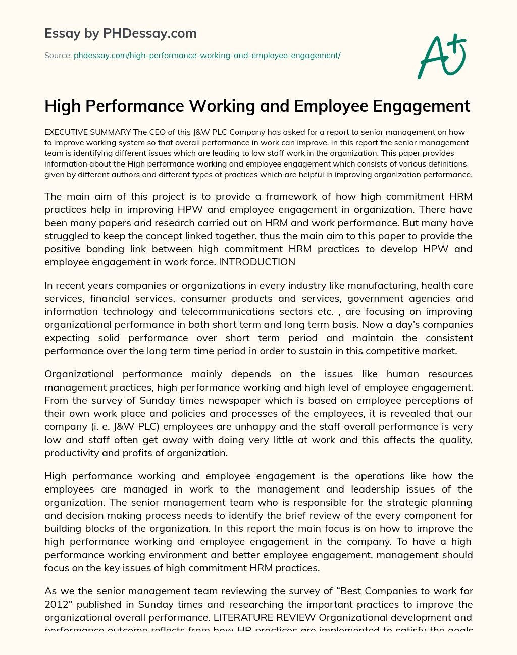 High Performance Working and Employee Engagement essay