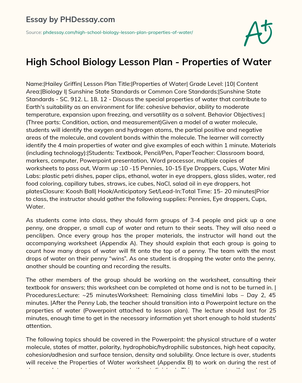 High School Biology Lesson Plan – Properties of Water essay