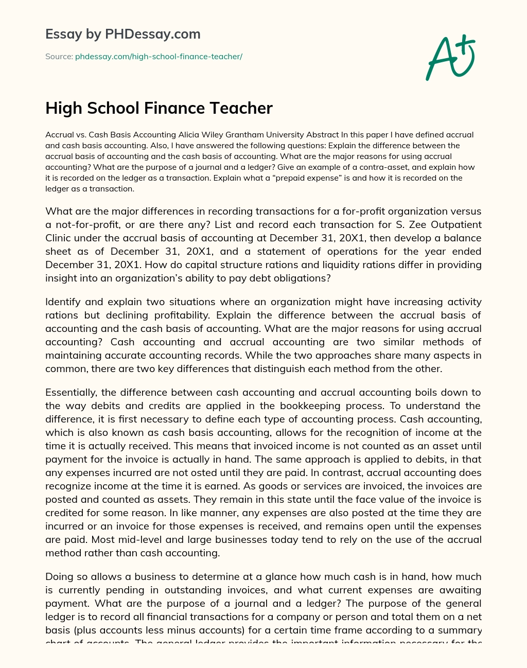 High School Finance Teacher essay
