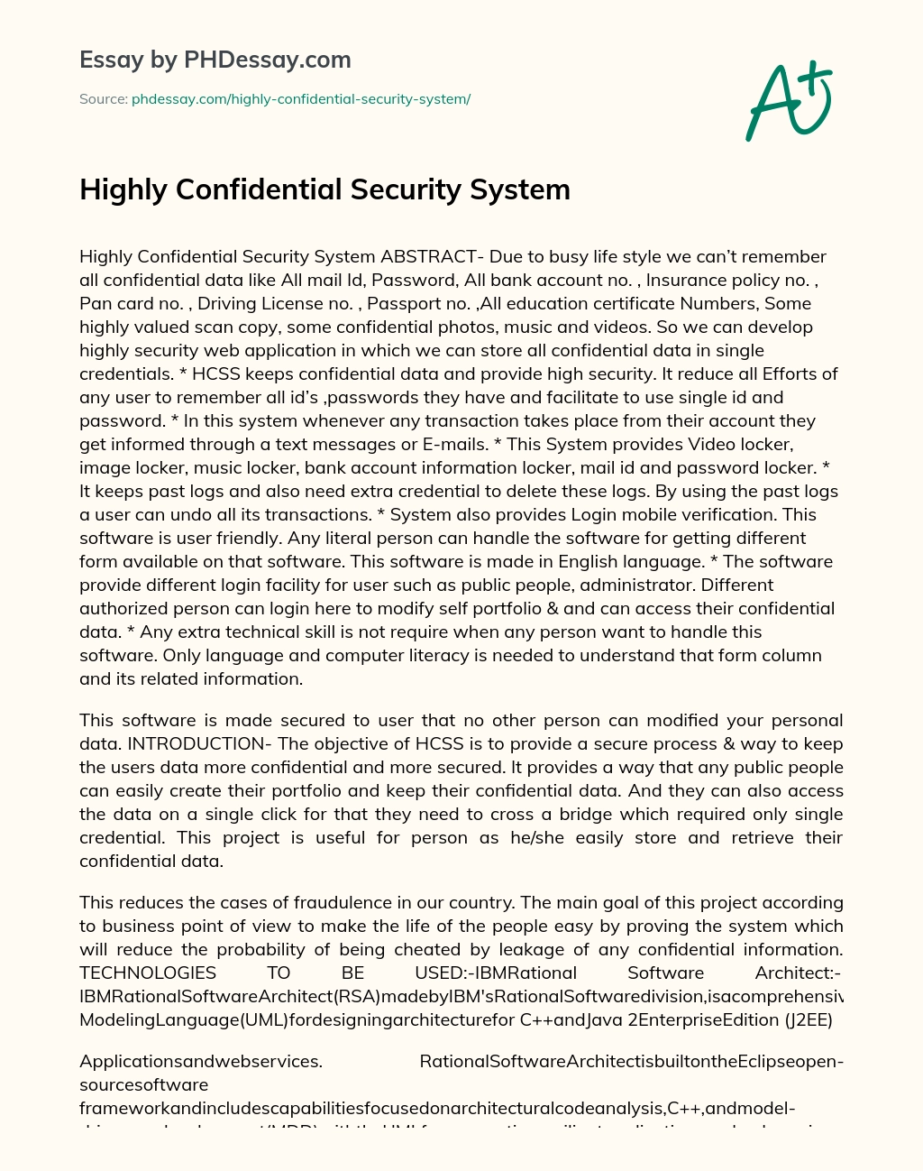 Highly Confidential Security System essay