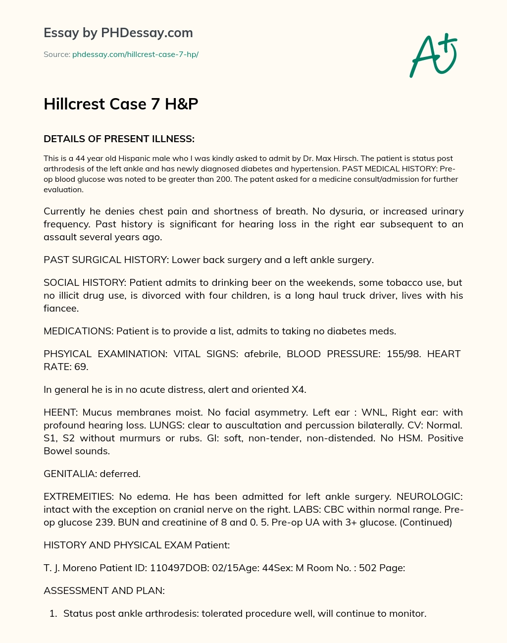 Hillcrest Case 7 H&P essay