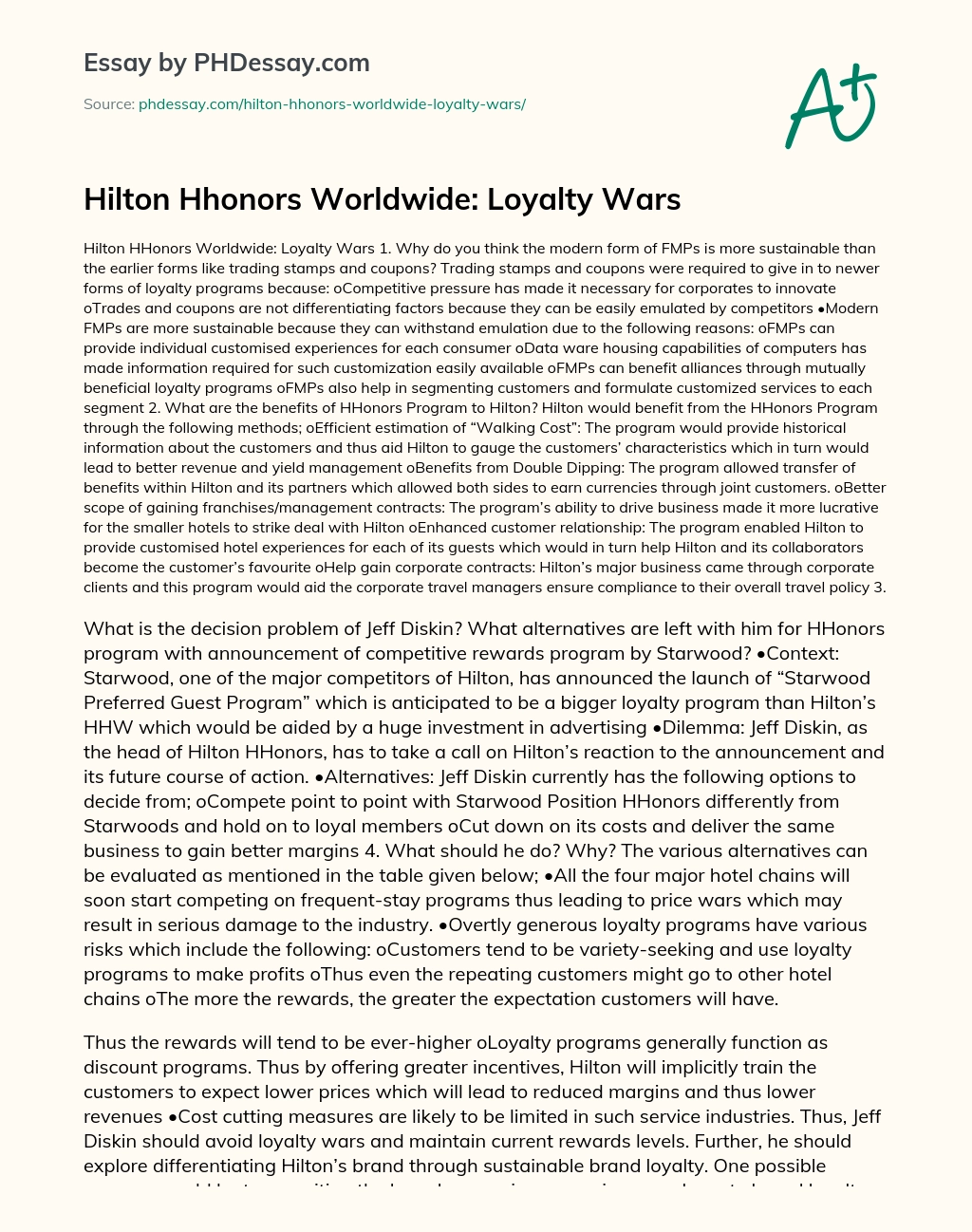 Hilton Hhonors Worldwide: Loyalty Wars essay