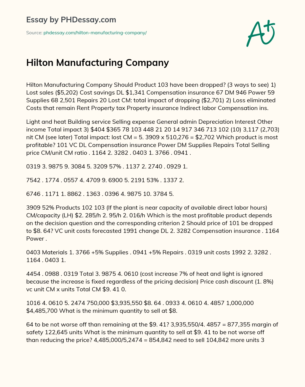 Hilton Manufacturing Company essay
