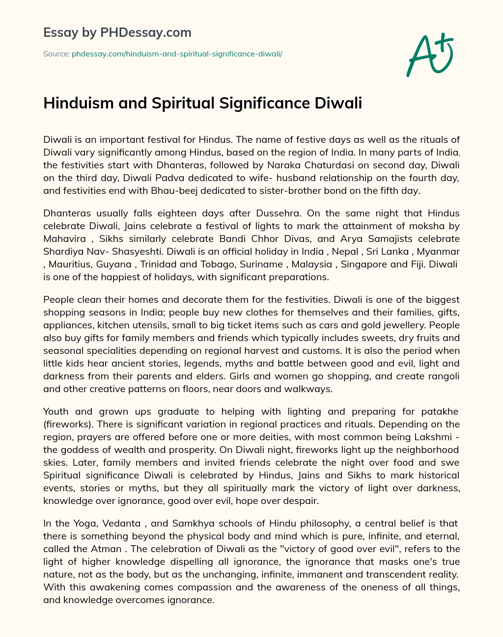 Hinduism and Spiritual Significance Diwali essay