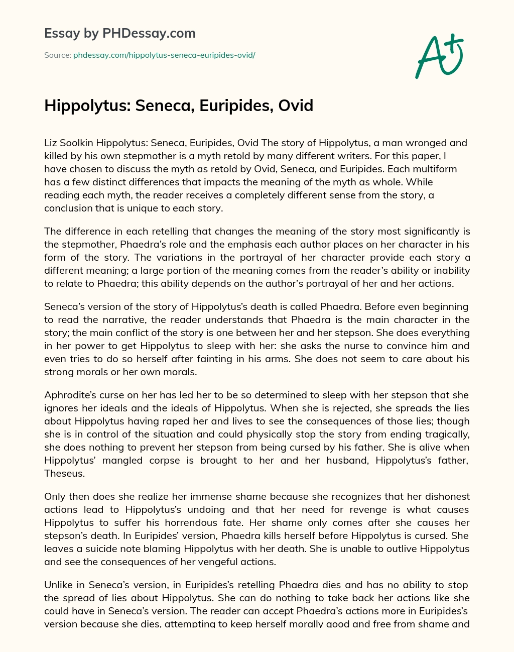 Hippolytus: Seneca, Euripides, Ovid essay