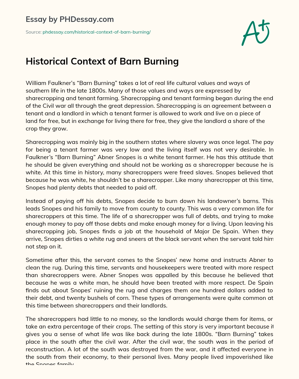Historical Context of Barn Burning essay