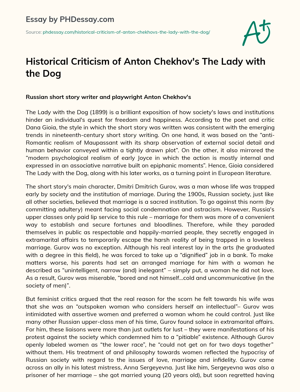 Historical Criticism of Anton Chekhov’s The Lady with the Dog essay
