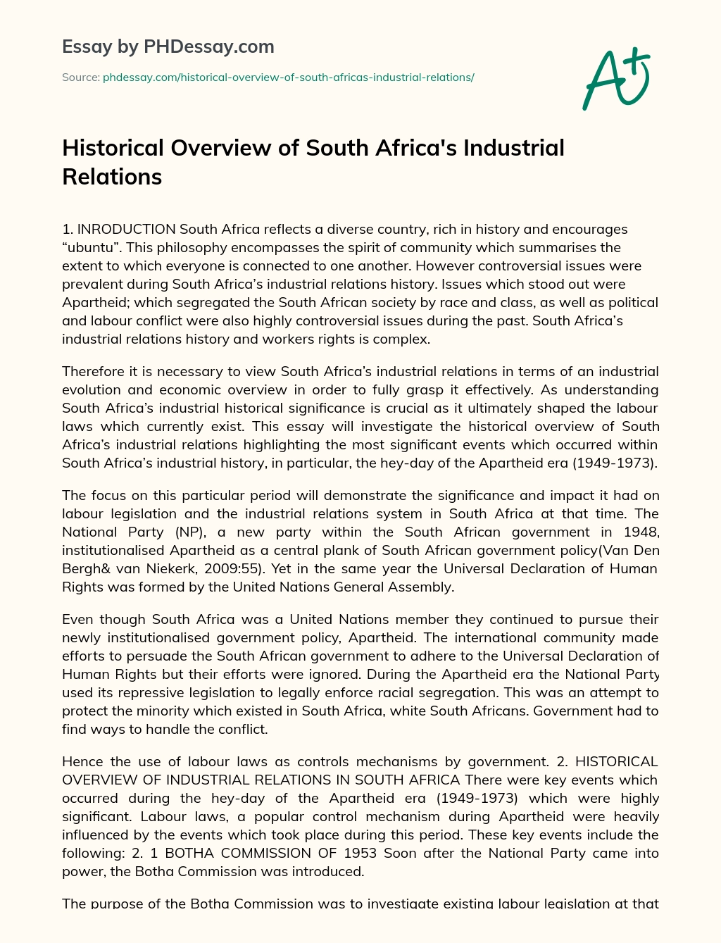 Historical Overview of South Africa’s Industrial Relations essay