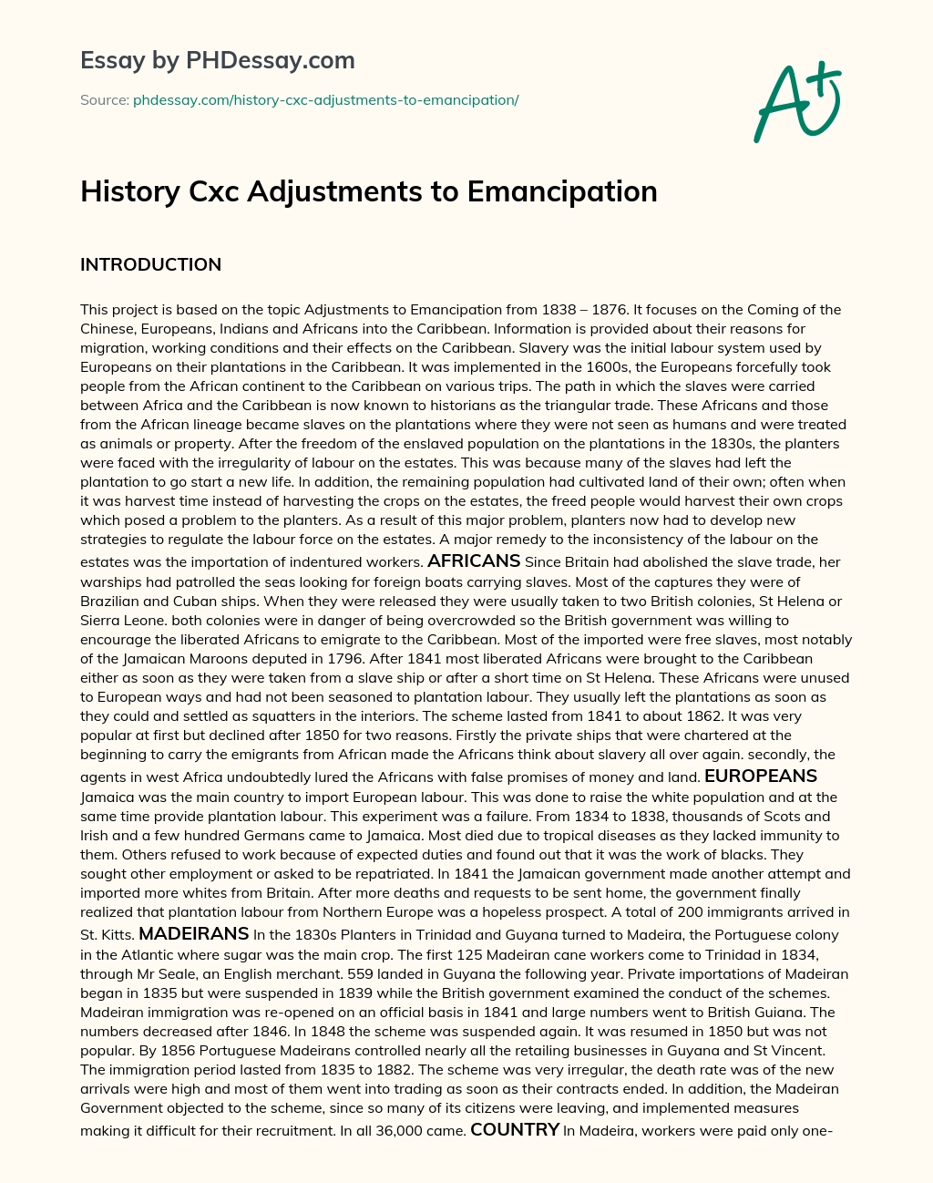 History Cxc Adjustments to Emancipation essay