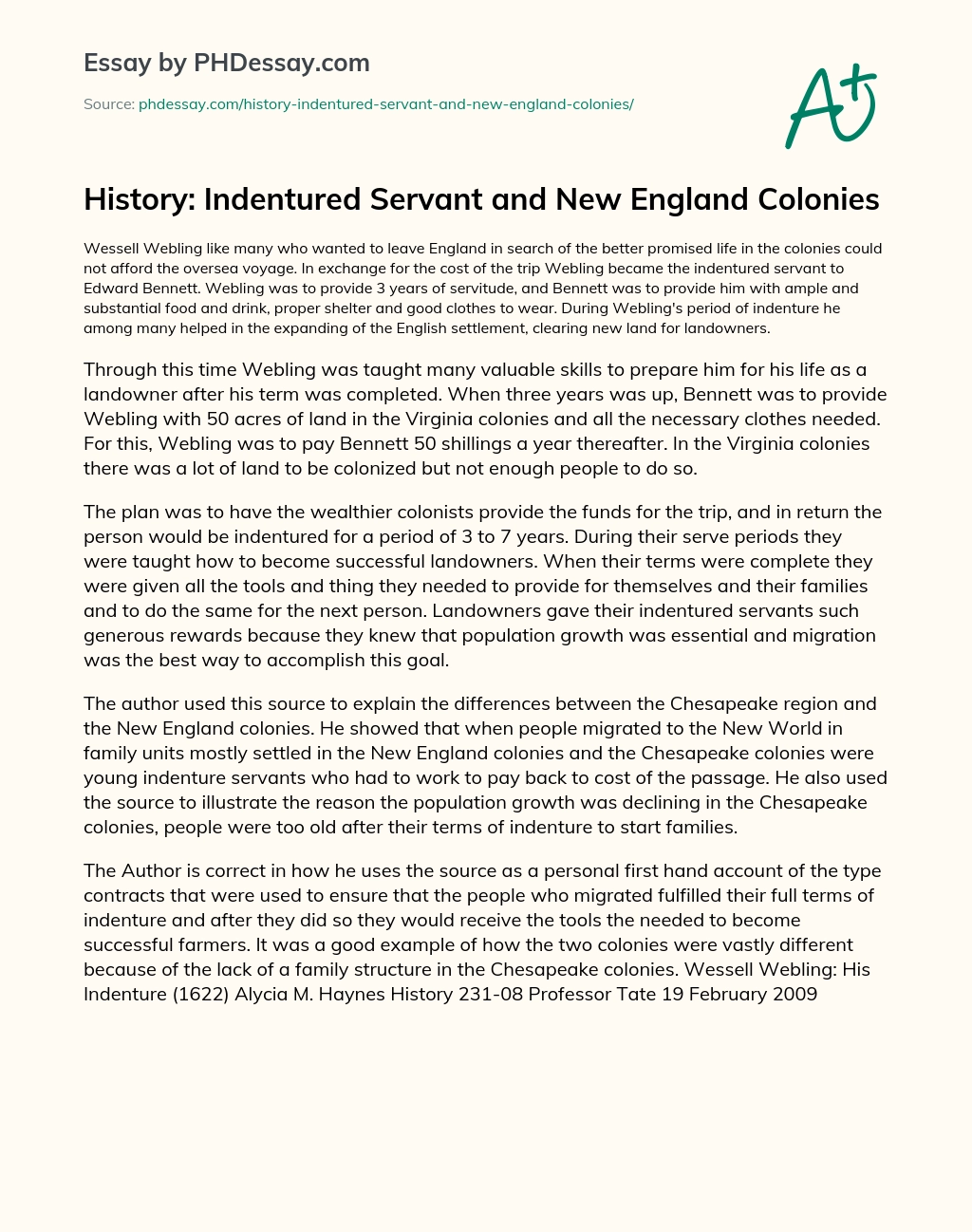 History: Indentured Servant and New England Colonies essay