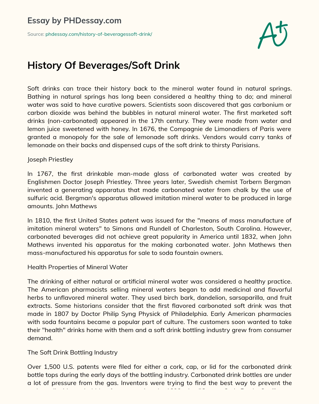 History Of Beverages/Soft Drink essay