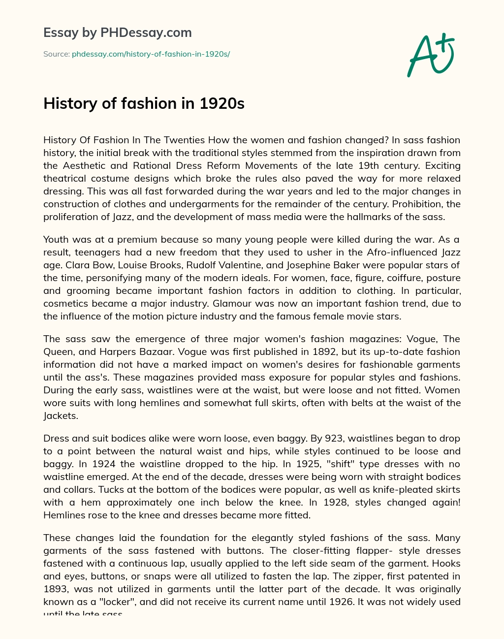 History of fashion in 1920s essay