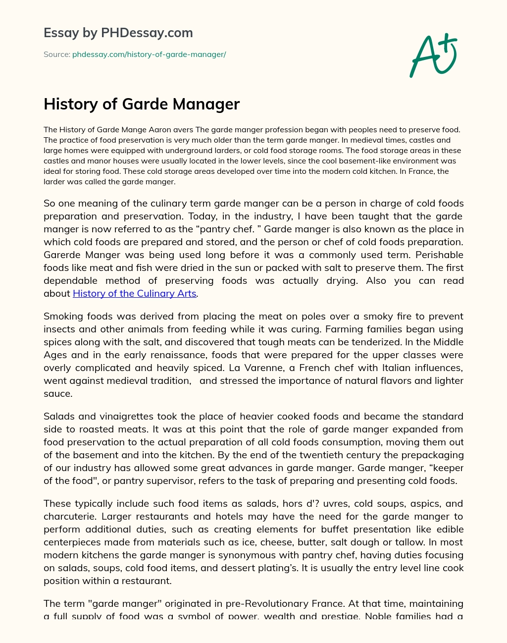 History of Garde Manager essay