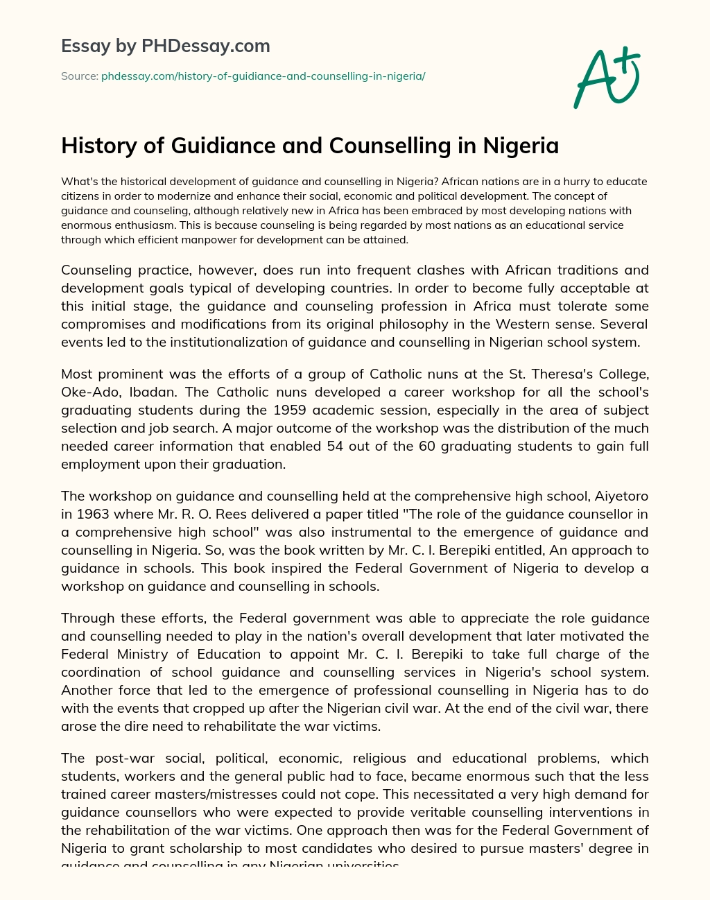 History of Guidiance and Counselling in Nigeria essay