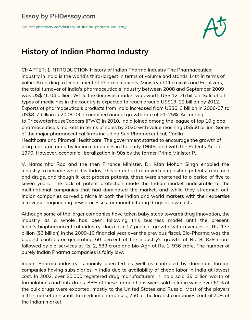 History of Indian Pharma Industry essay