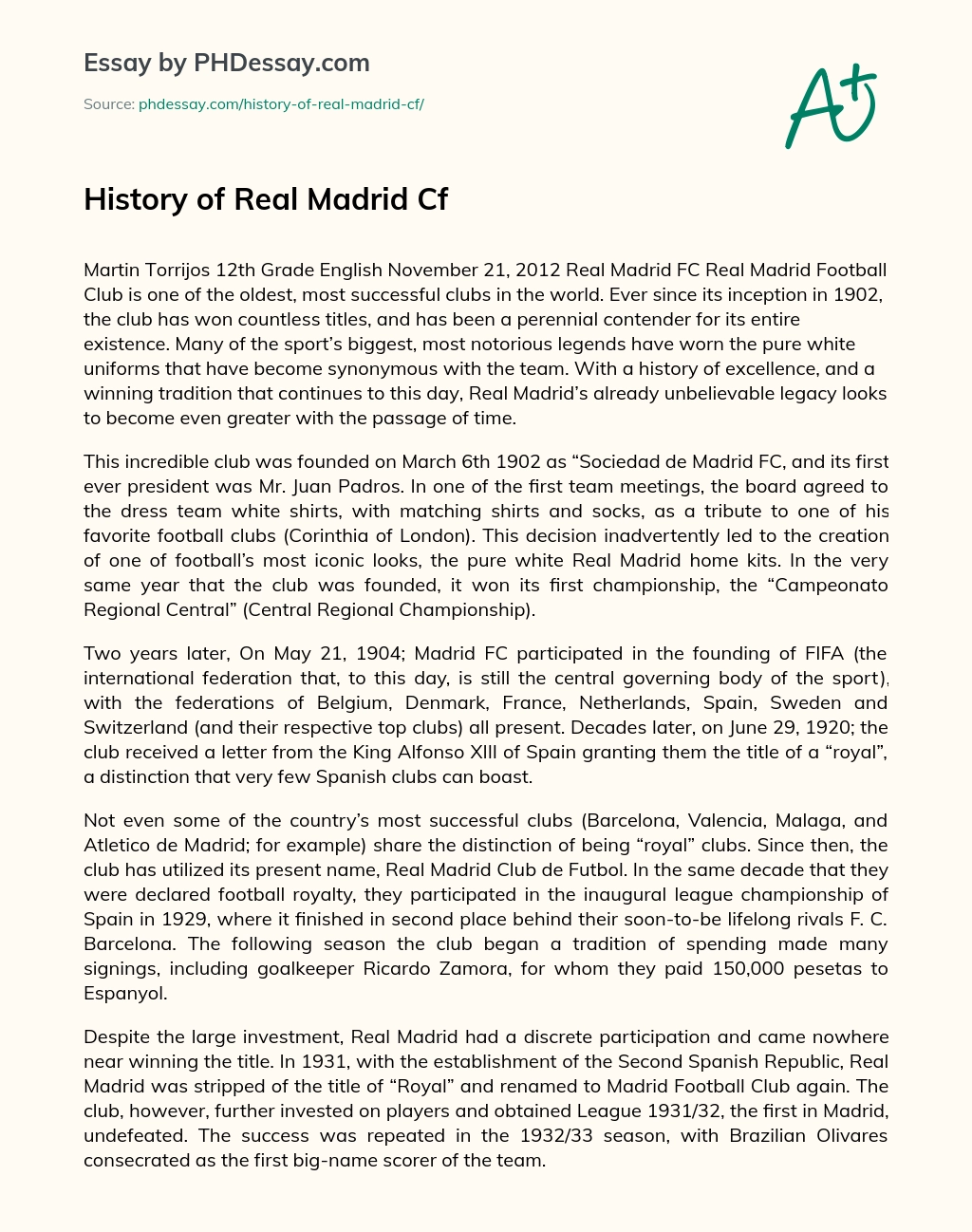 History of Real Madrid Cf essay