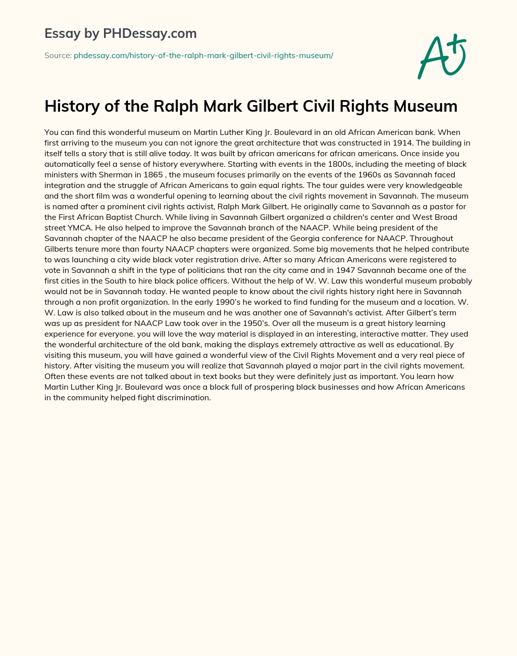 History of the Ralph Mark Gilbert Civil Rights Museum essay