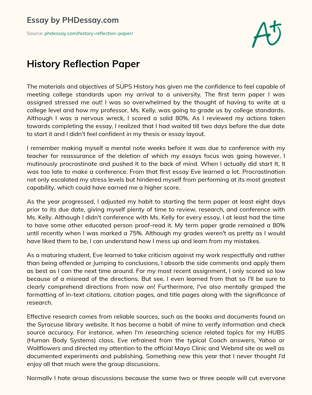 History Reflection Paper Phdessay Com