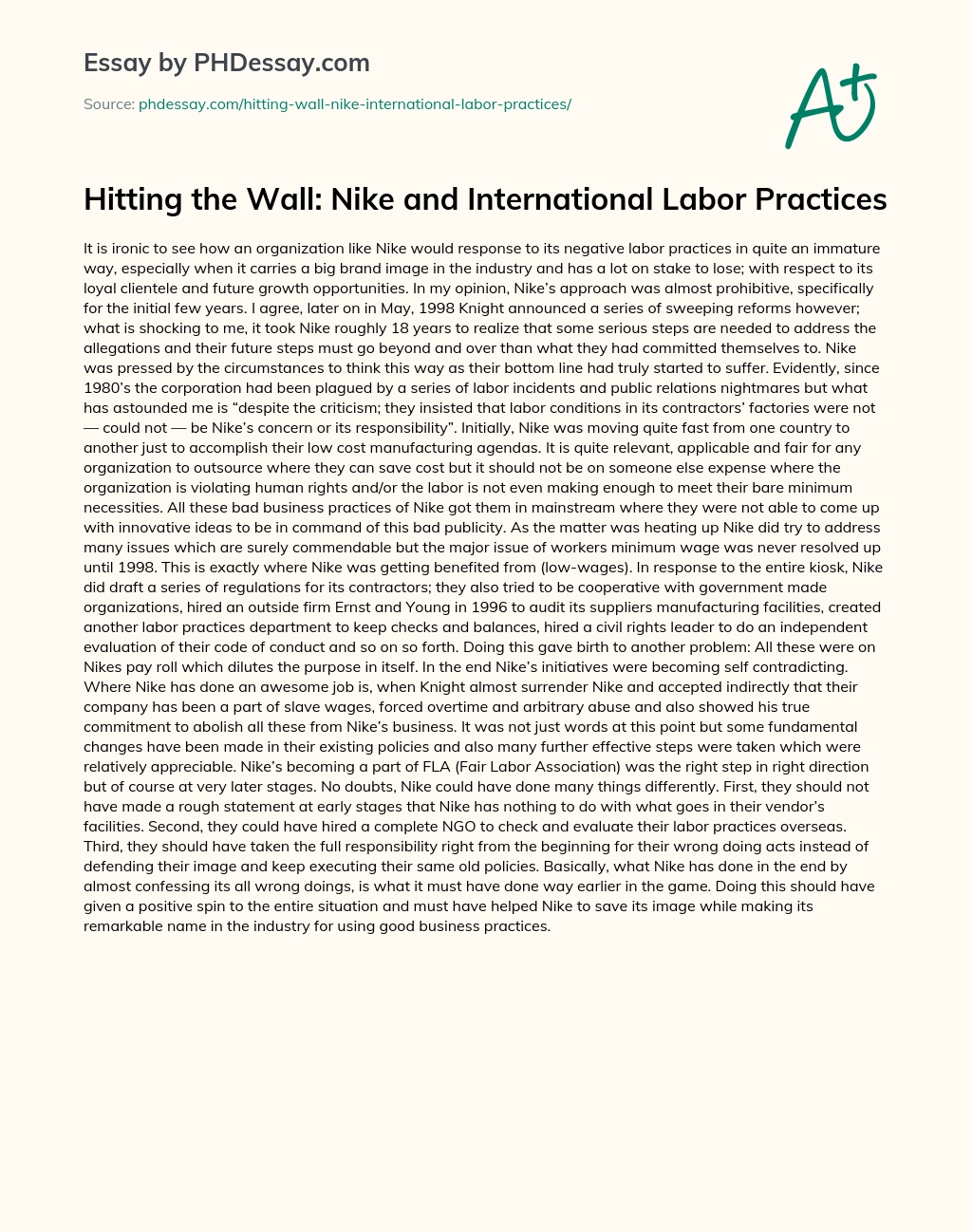 Hitting the Wall: Nike and International Labor Practices essay