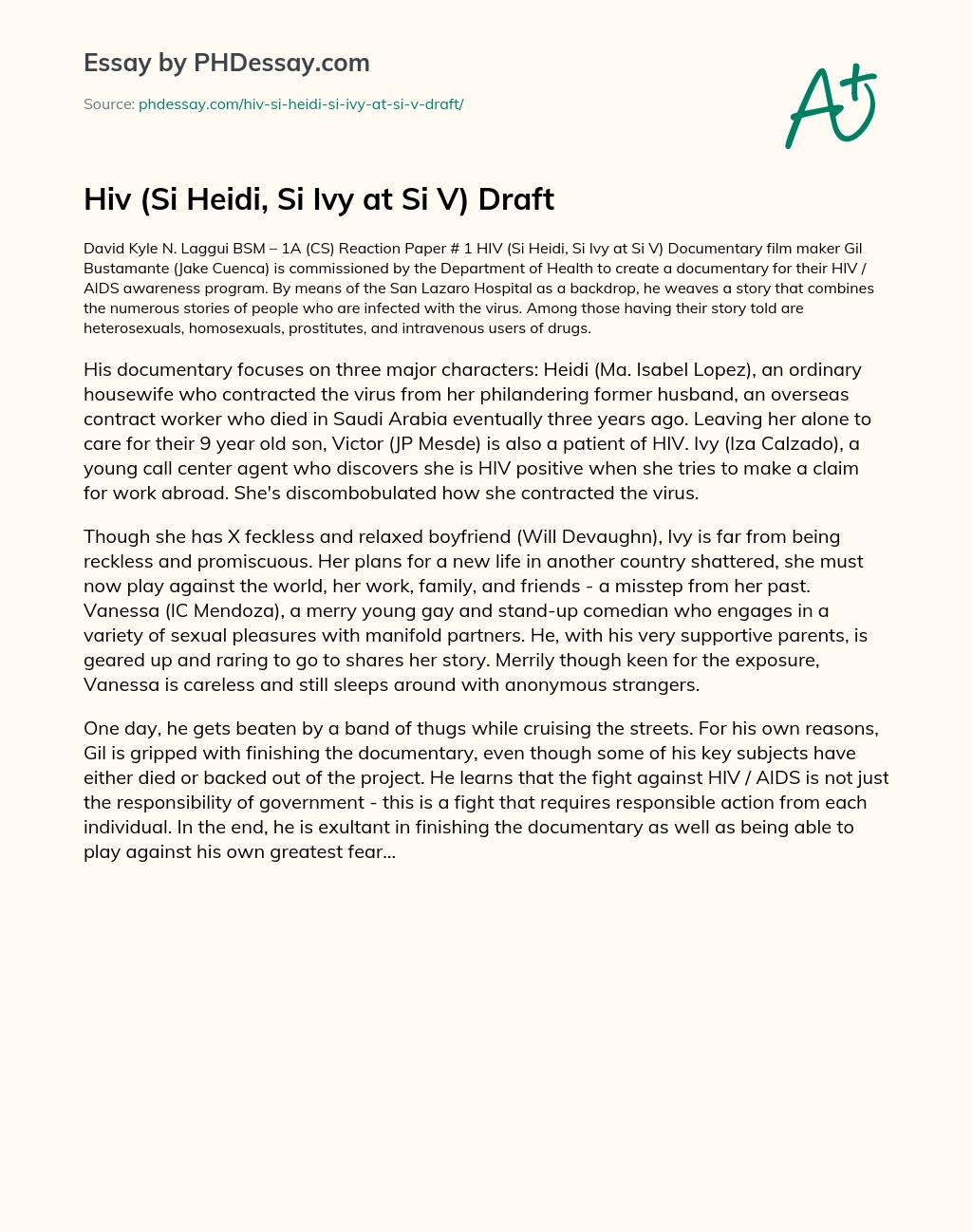 Hiv (Si Heidi, Si Ivy at Si V) Draft essay