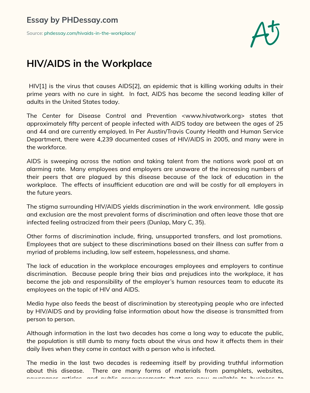 HIV/AIDS in the Workplace essay