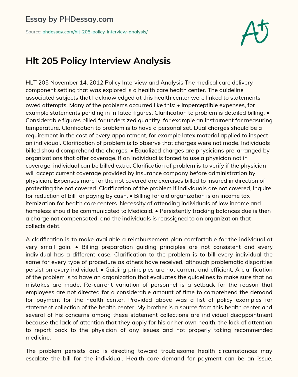 Hlt 205 Policy Interview Analysis essay