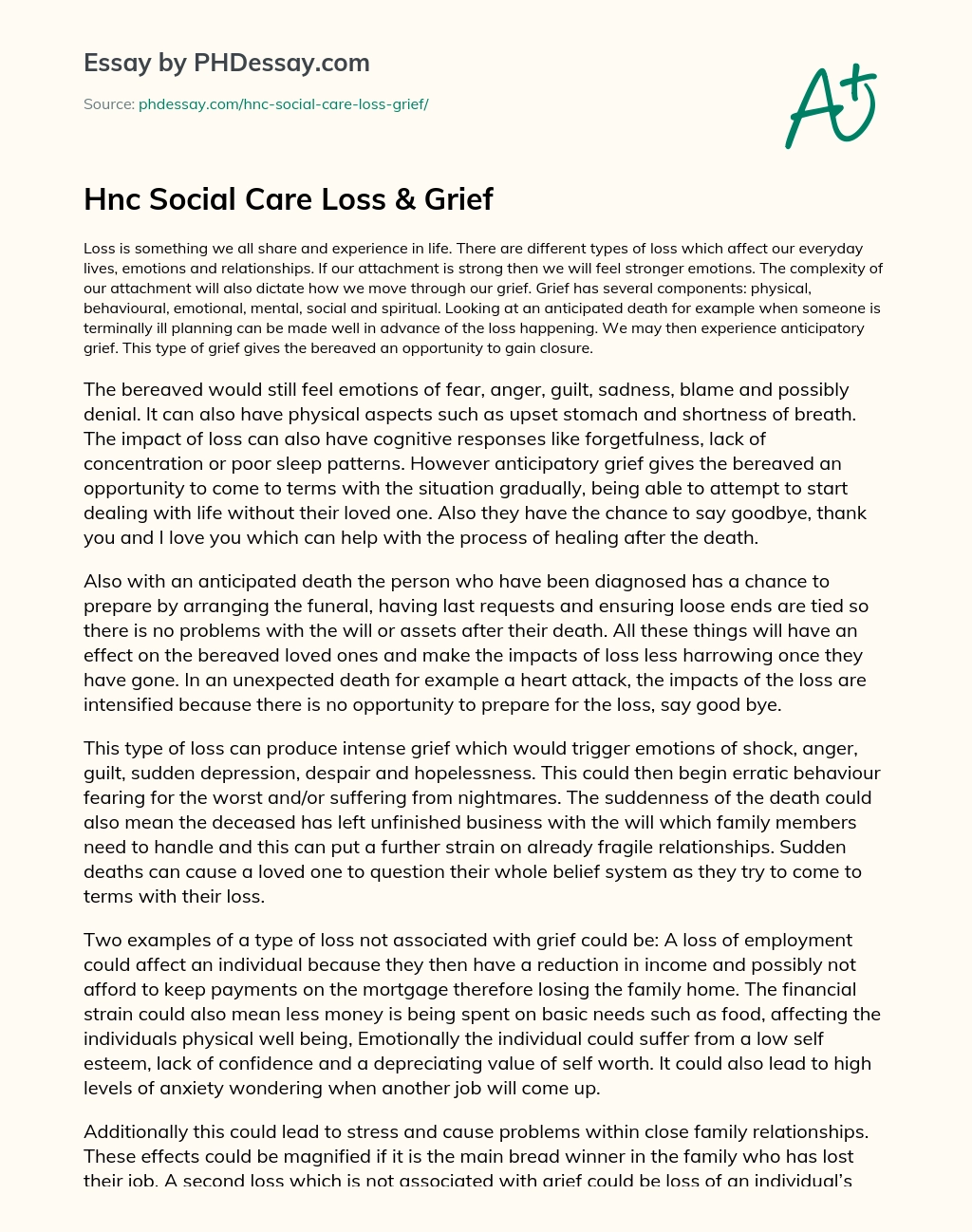 Hnc Social Care Loss & Grief essay