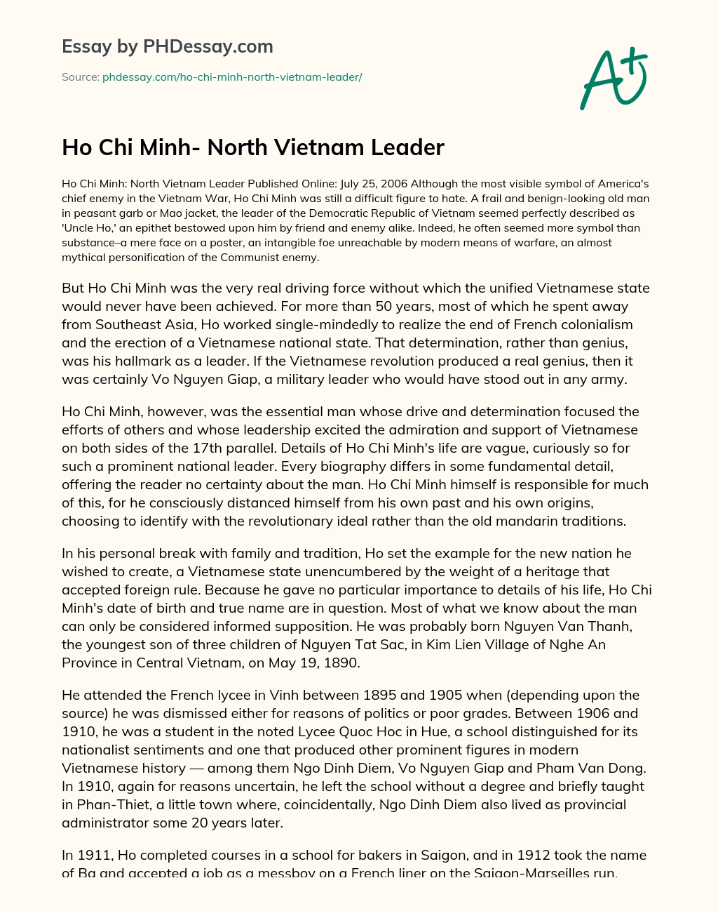Ho Chi Minh- North Vietnam Leader essay