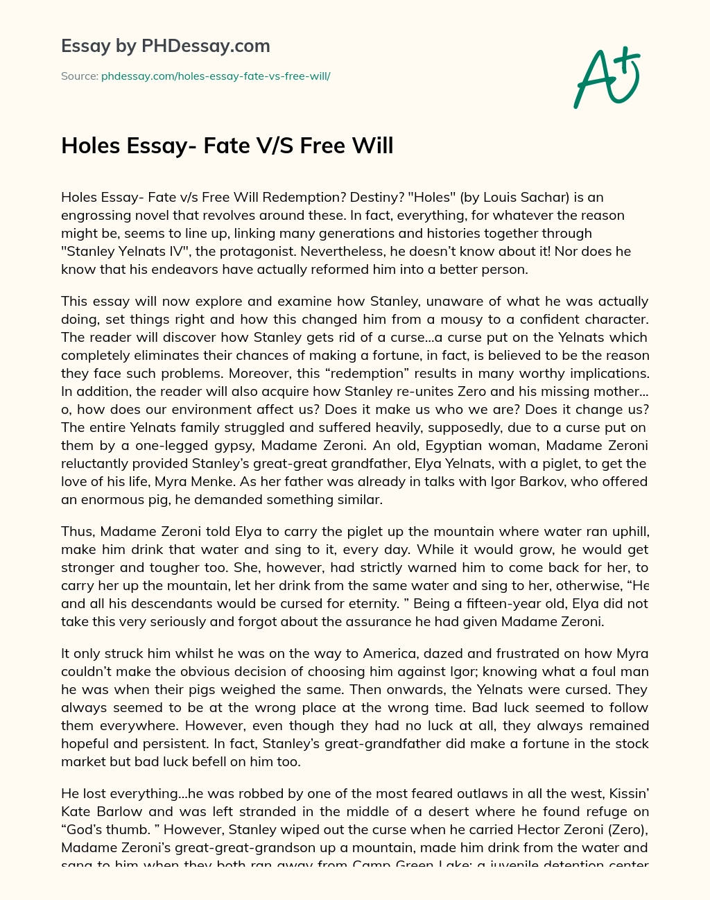 Holes Essay- Fate V/S Free Will essay