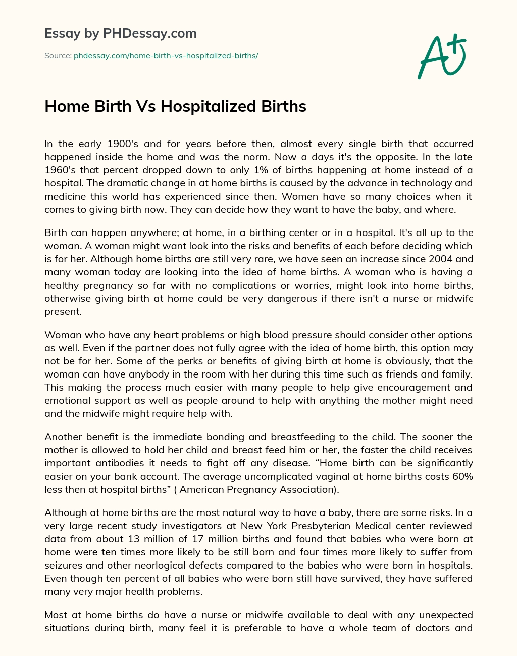 Home Birth Vs Hospitalized Births essay