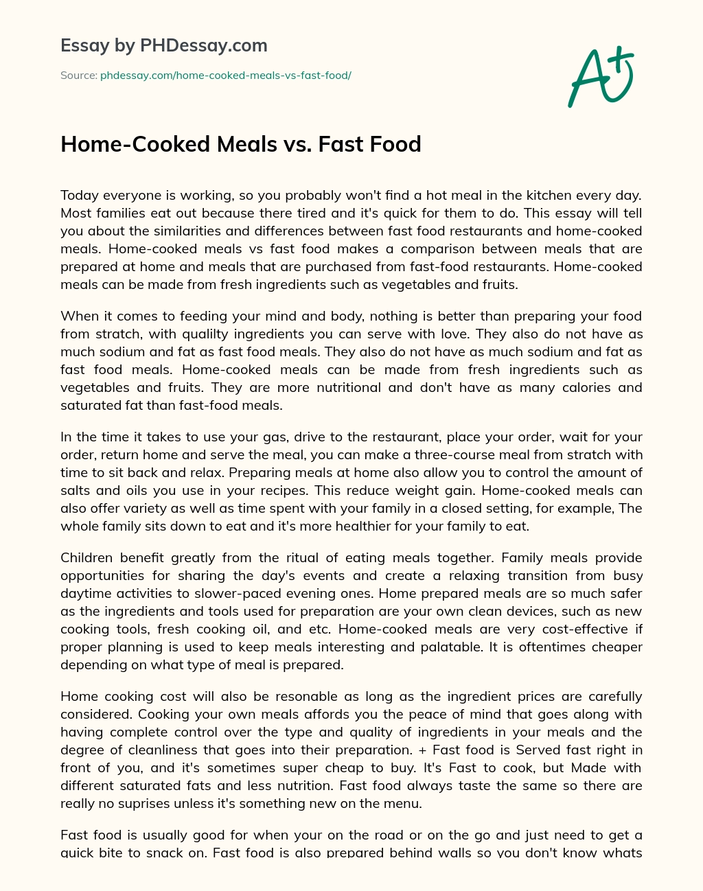 ﻿Home-Cooked Meals vs. Fast Food essay