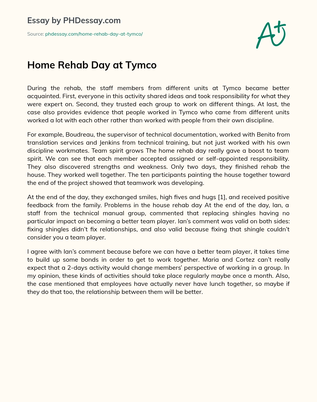 Home Rehab Day at Tymco essay