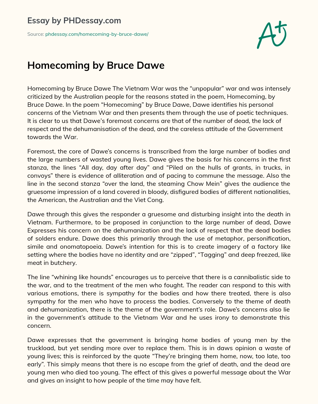 Homecoming by Bruce Dawe essay