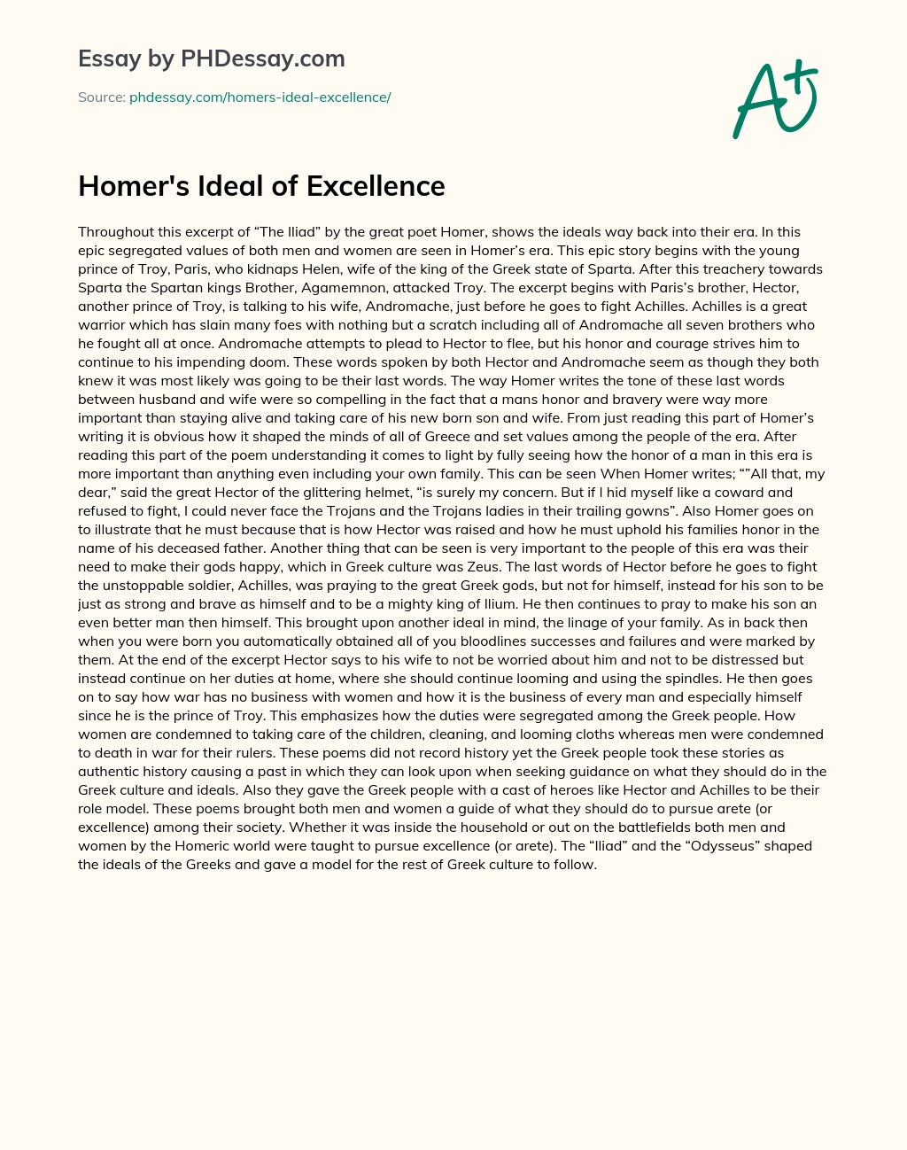 Homer’s Ideal of Excellence essay
