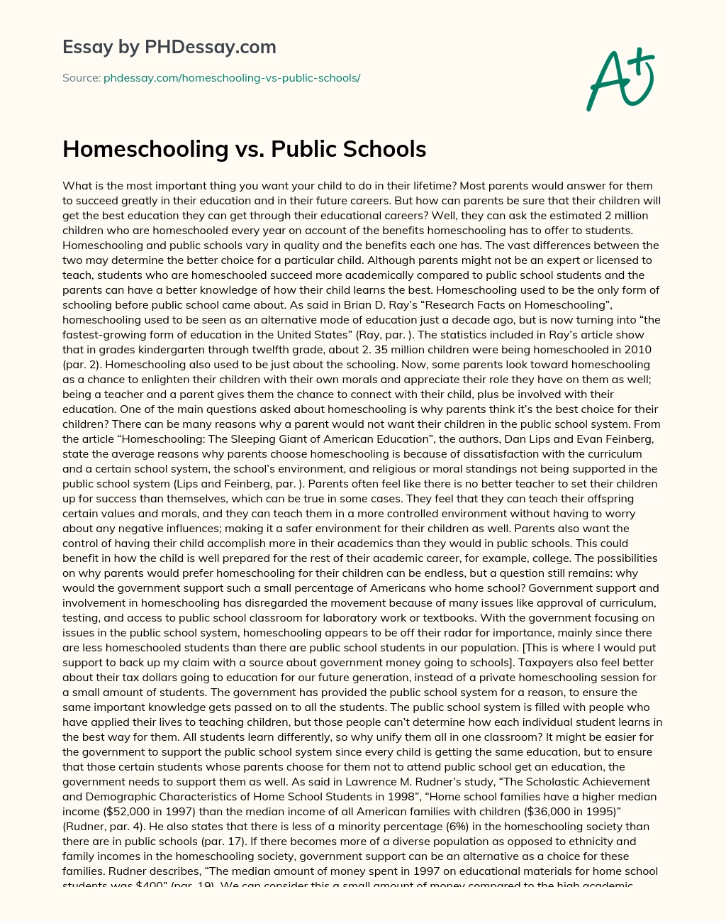 Homeschooling vs. Public Schools essay