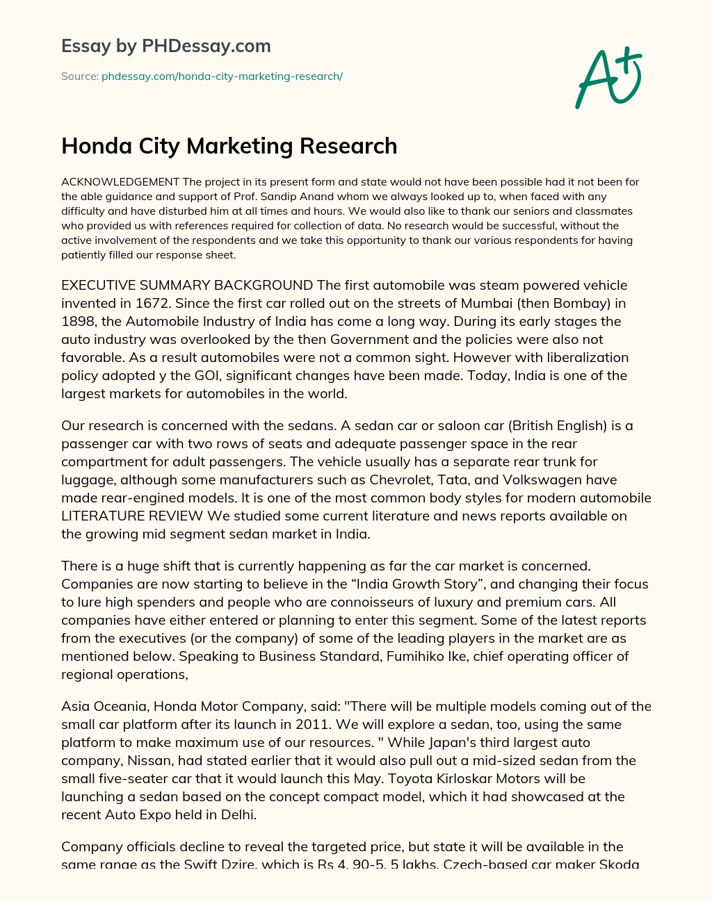 Honda City Marketing Research essay