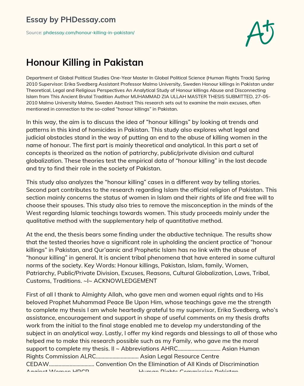 Honour Killing in Pakistan essay