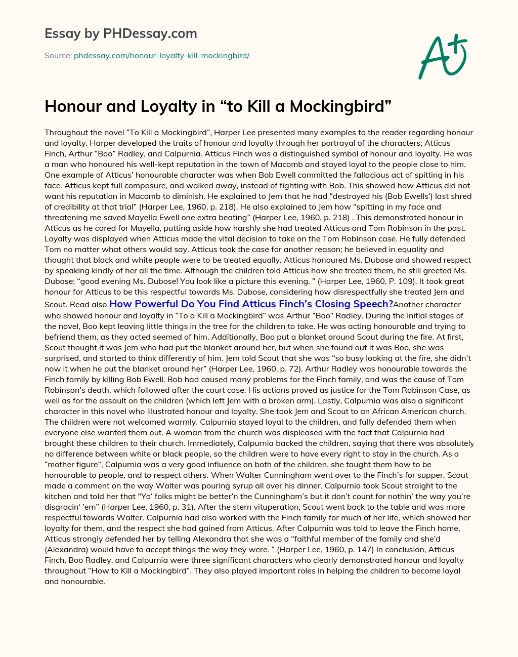 Honour and Loyalty in “to Kill a Mockingbird” essay