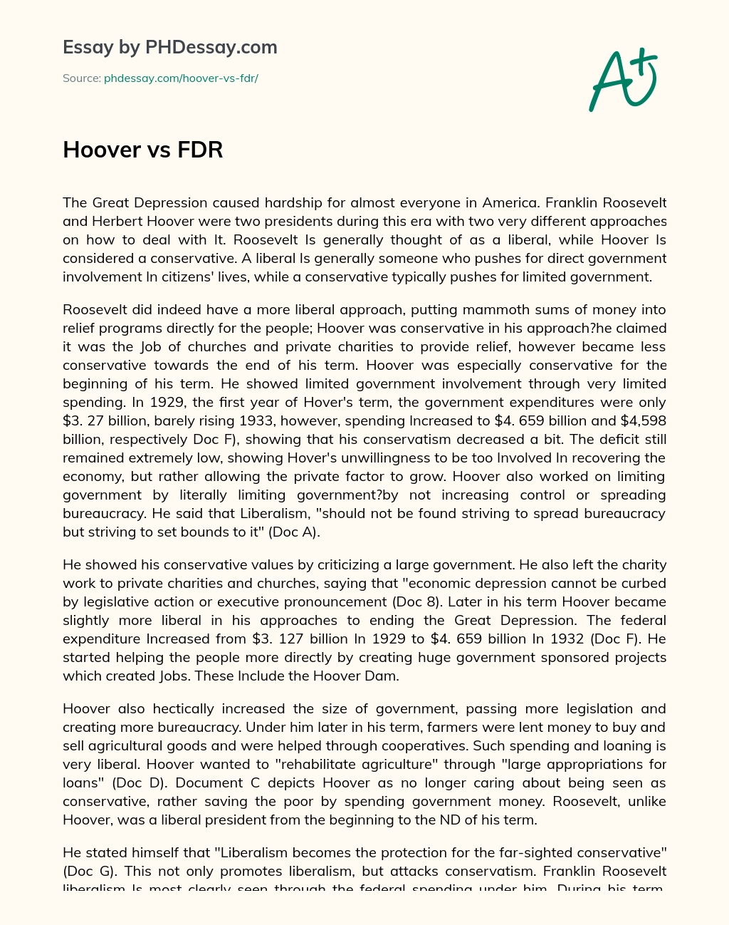 Реферат: Hoover V Rosevelt Essay Research Paper Hoover