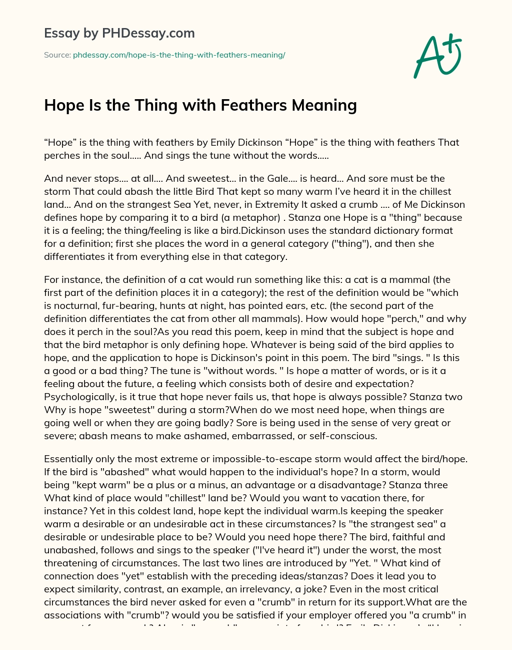 Hope Is the Thing with Feathers Meaning essay